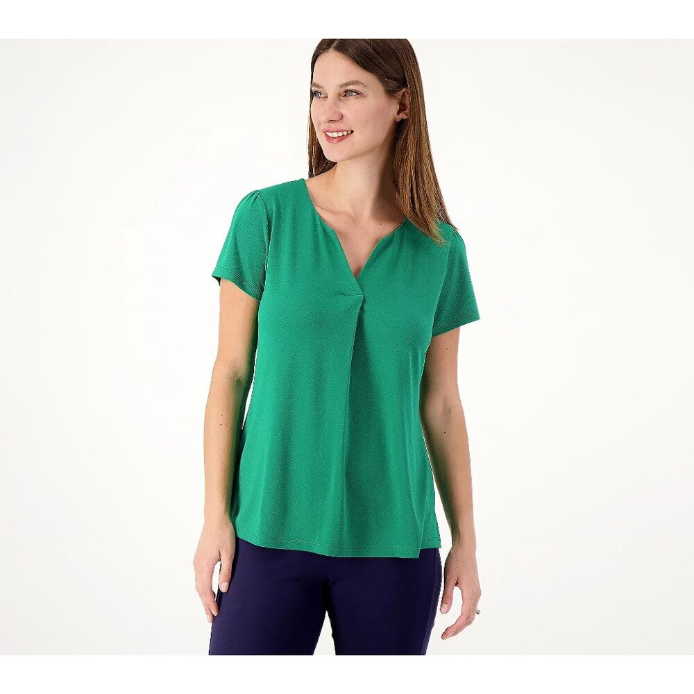 NEW Isaac Mizrahi Live! Jewel Green Split Neck Cap Sleeve Top Size Small